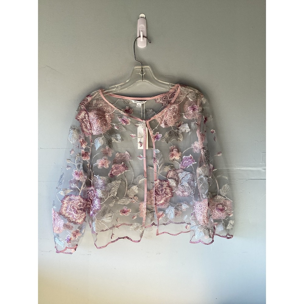 MSGLAMOR Pink Floral Embroidered Sheer Mesh Tie Front Cardigan Top XXL NWT